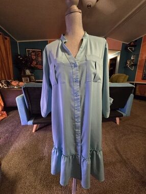 WD NY US Women's Size XL Turquoise 3/4 Sleeve Dress w Ruffled Bottom So Spring!
